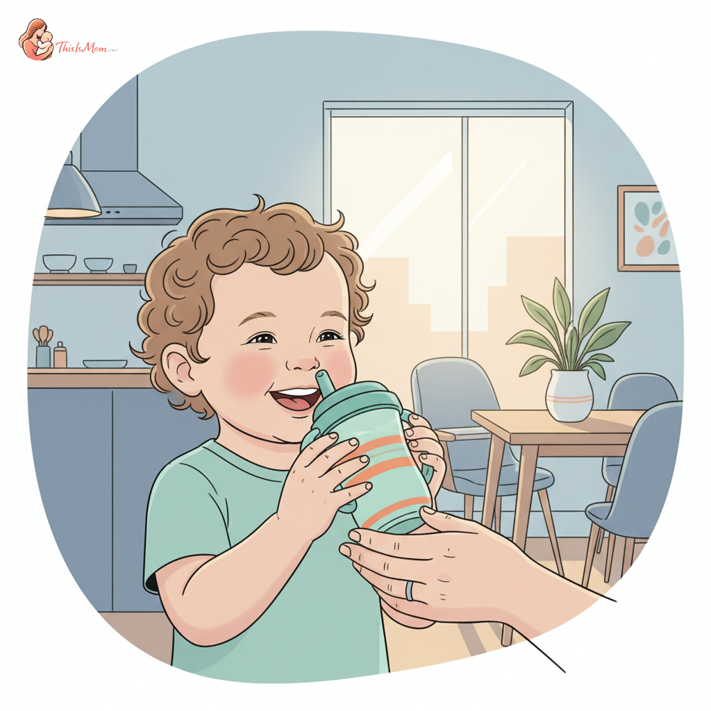 Happy toddler drinking from a sippy cup, with a parent's hand gently supporting them, in a bright, modern kitchen.