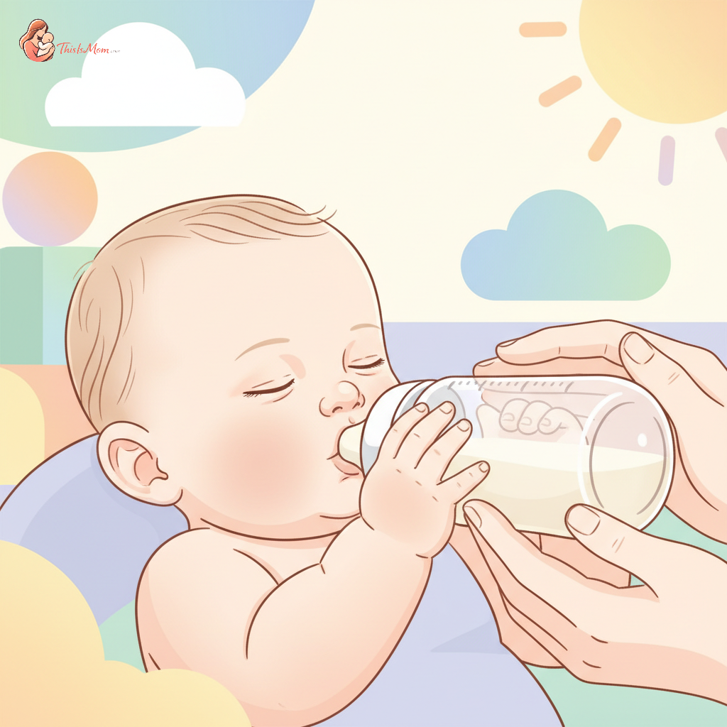 A calm baby drinking formula from a bottle, held by a parent, with a colorful daycare-like background suggesting readiness for childcare.