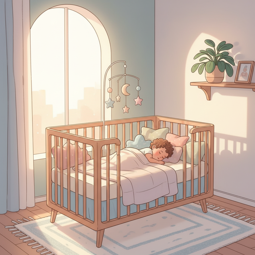 A peaceful 12-month-old baby sleeping soundly in a cozy crib, with soft light filtering into the room. The crib is accessorized with age-appropriate bedding and a small, safe lovey.