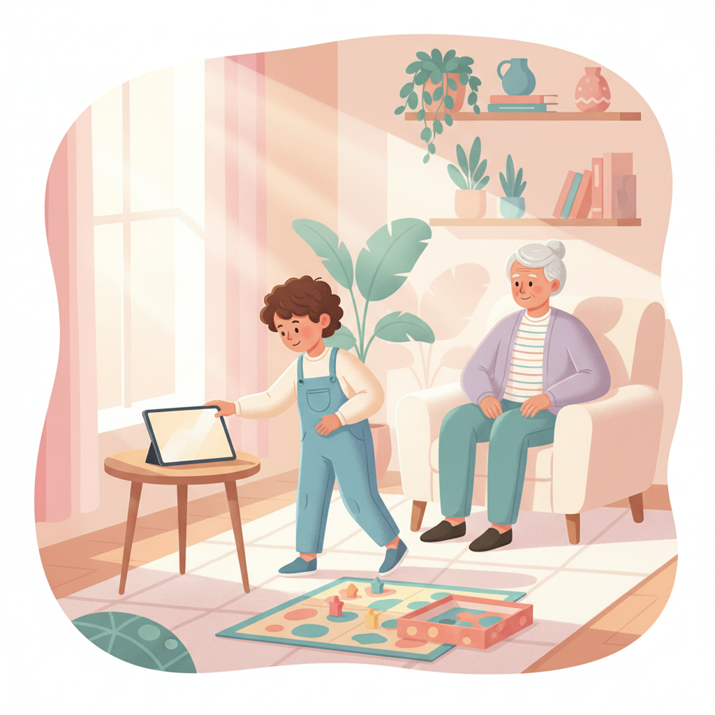 Happy child putting away a tablet and picking up a board game with a grandparent nearby, signaling a smooth transition off screens after a visit.