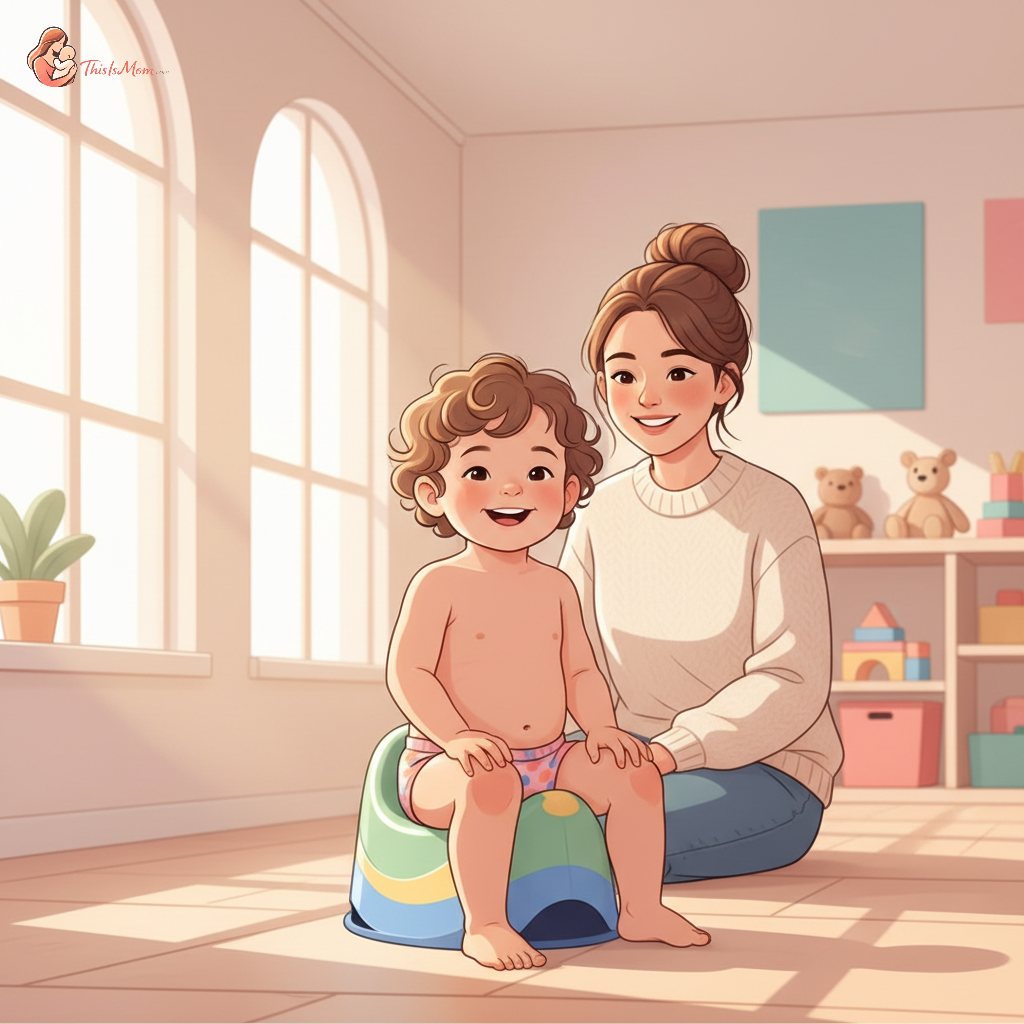 Happy toddler proudly wearing underwear and sitting on a small potty, with a friendly daycare teacher smiling in the background.