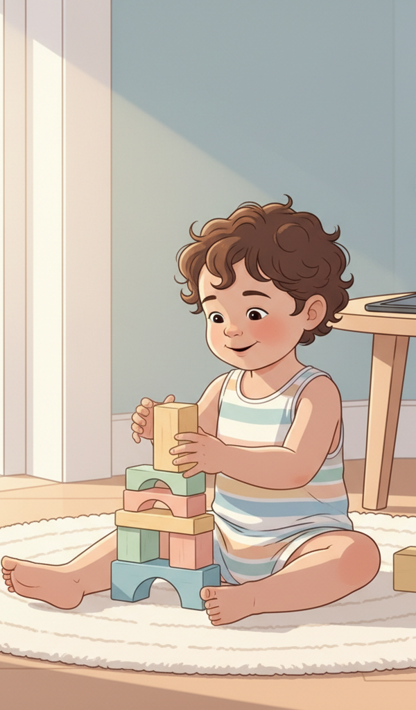 Toddler playing independently with colorful wooden blocks on a soft rug, with a tablet turned off and placed discreetly in the background, signaling a smooth transition from screen time to solo play.