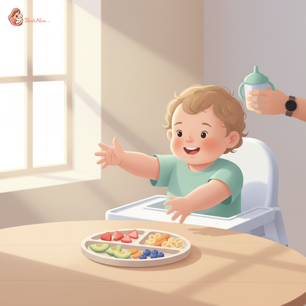 Happy toddler eating small, colorful pieces of table food from a sectioned plate, with a parent's hand gently guiding nearby.