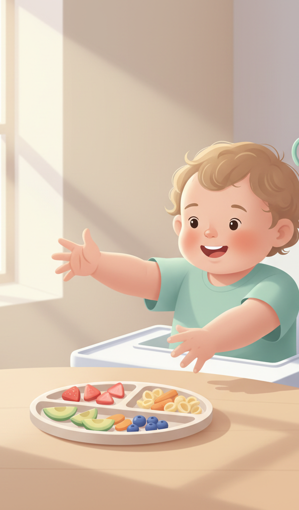 Happy toddler eating small, colorful pieces of table food from a sectioned plate, with a parent's hand gently guiding nearby.