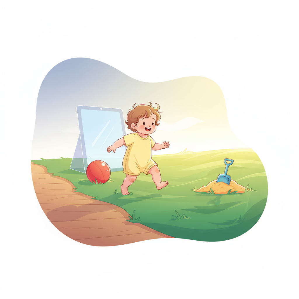Happy toddler stepping from a dim room with a screen glow to a bright, sunlit backyard with toys, symbolizing a smooth transition from screen time to outdoor play without meltdowns.