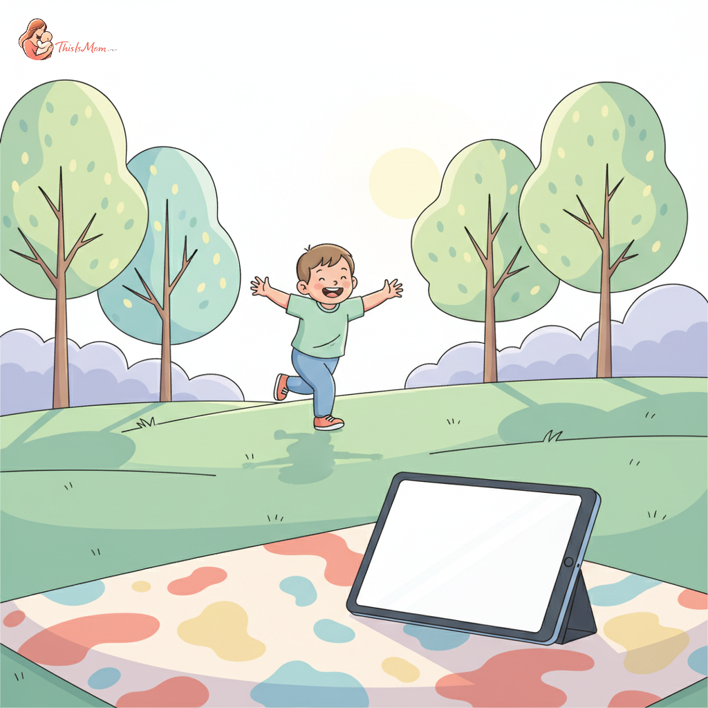 A toddler happily running through a sunlit park with green grass and trees, leaving a tablet behind on a picnic blanket.