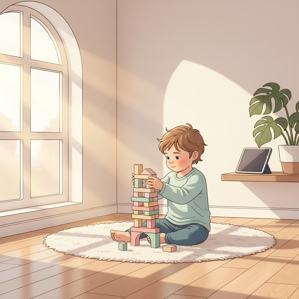 A toddler seated on a rug, happily engaged with wooden blocks, with a soft, warm light from a window suggesting a peaceful afternoon. A tablet is discreetly placed out of reach in the background.