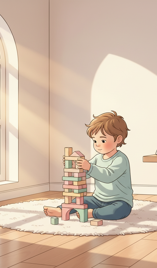 A toddler seated on a rug, happily engaged with wooden blocks, with a soft, warm light from a window suggesting a peaceful afternoon. A tablet is discreetly placed out of reach in the background.