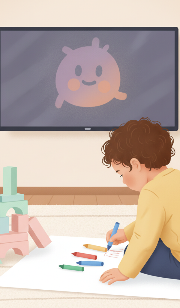 A toddler happily engrossed in drawing with crayons on a paper, sitting on a colorful mat, with a soft, out-of-focus TV screen in the background suggesting a gentle transition.