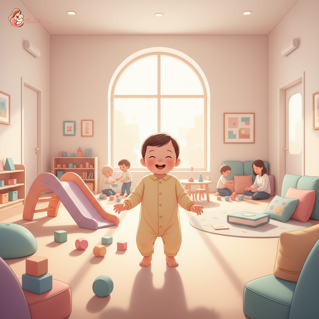 A toddler looking excitedly at a colorful, vibrant new daycare classroom with large windows and various play stations, a caring teacher smiling in the background.