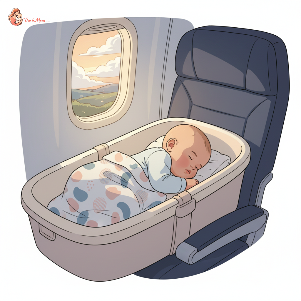 A baby sleeping peacefully in a travel bassinet or carrier on an airplane, with a soft blanket and a slight blur of a window view in the background.