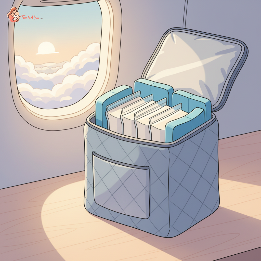 An insulated cooler bag filled with neatly stacked frozen breast milk bags and ice packs, set against the backdrop of an airplane window.