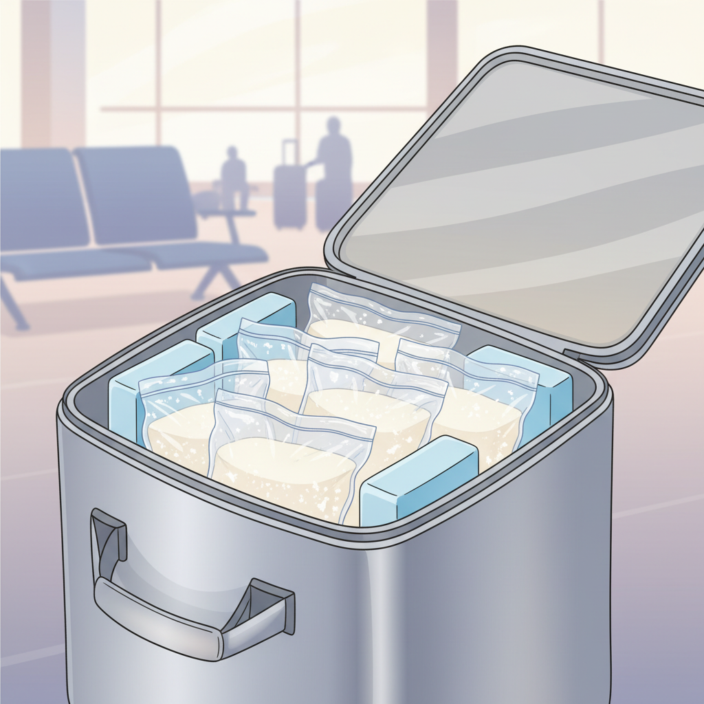 A clear, durable cooler filled with neatly packed, frozen breast milk bags, surrounded by ice packs, ready for air travel.