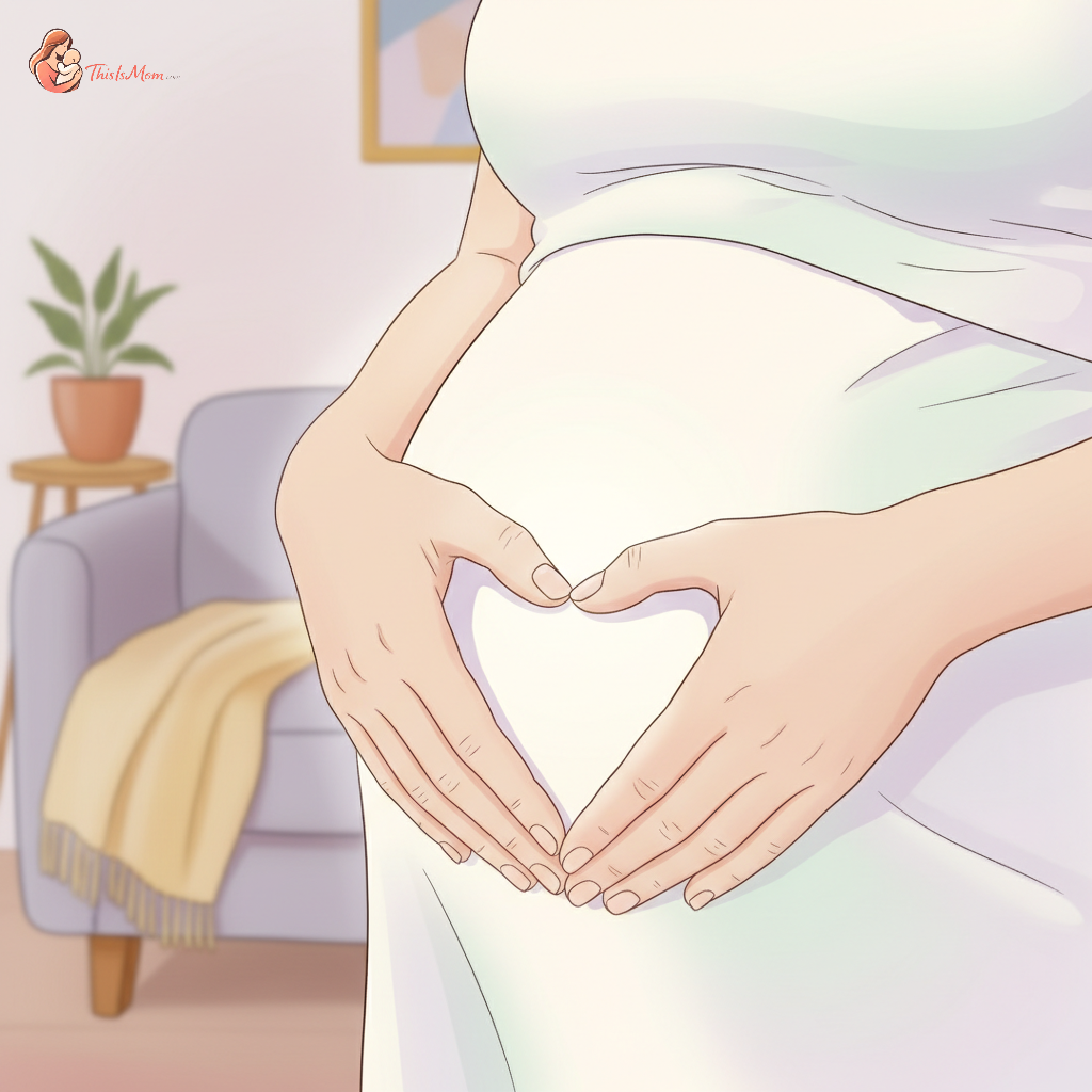 Close-up of a pregnant woman's belly in her third trimester, with hands gently resting on it, illustrating the connection to fetal movement.