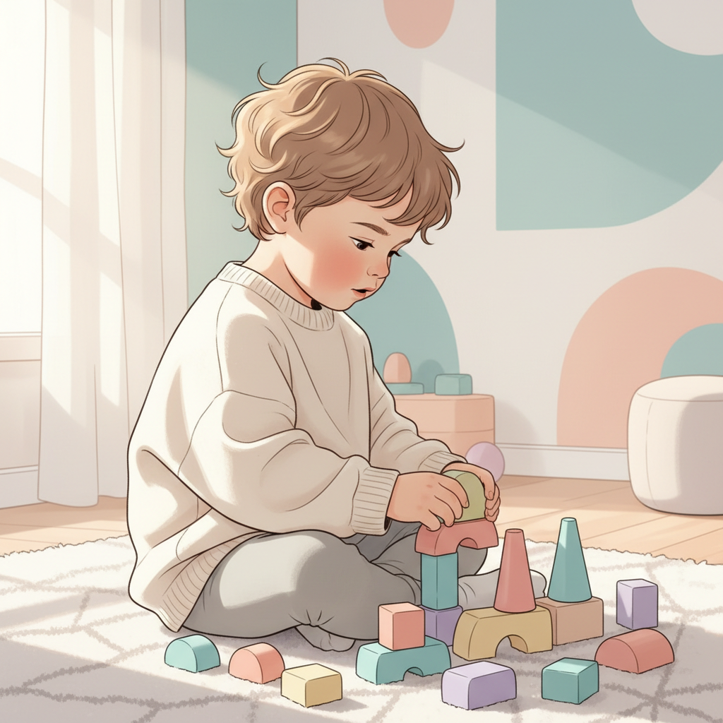 Toddler sitting on the floor, exploring colorful toy blocks, with a gentle, focused expression.