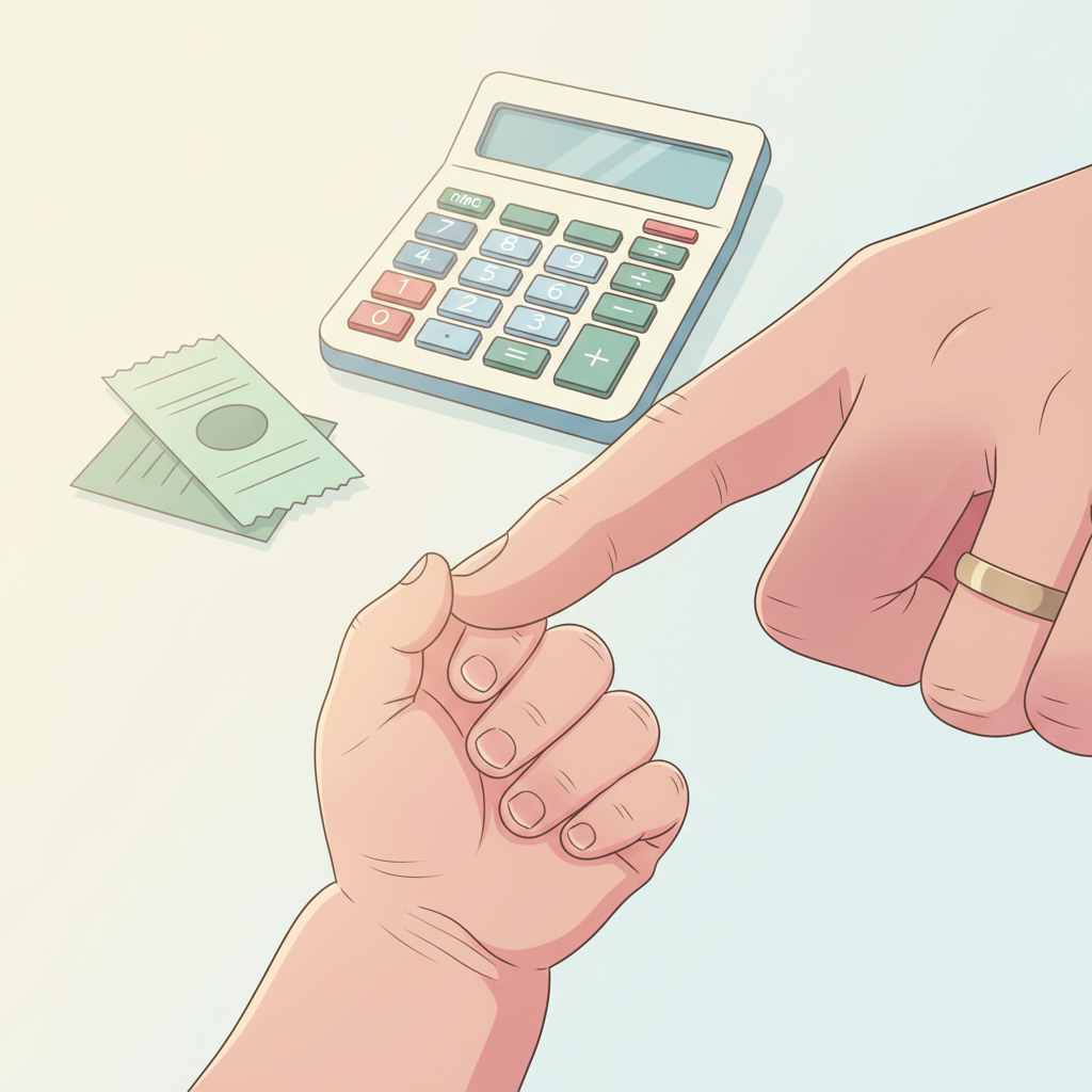 A close-up of a baby's tiny hand holding a parent's finger, with a blurred calculator and scattered bills in the background, symbolizing the financial impact of a new baby.