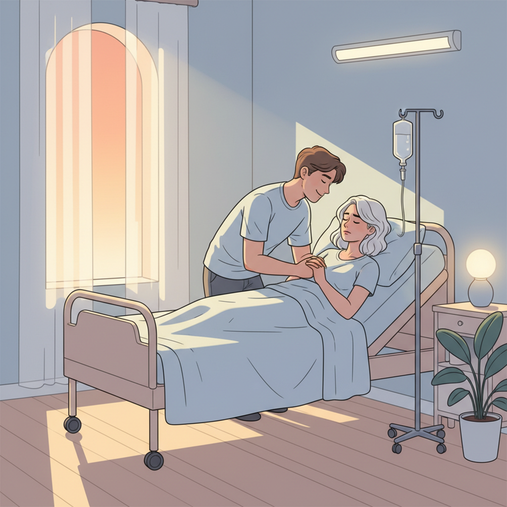 Woman laboring peacefully in a hospital bed, supported by a partner.
