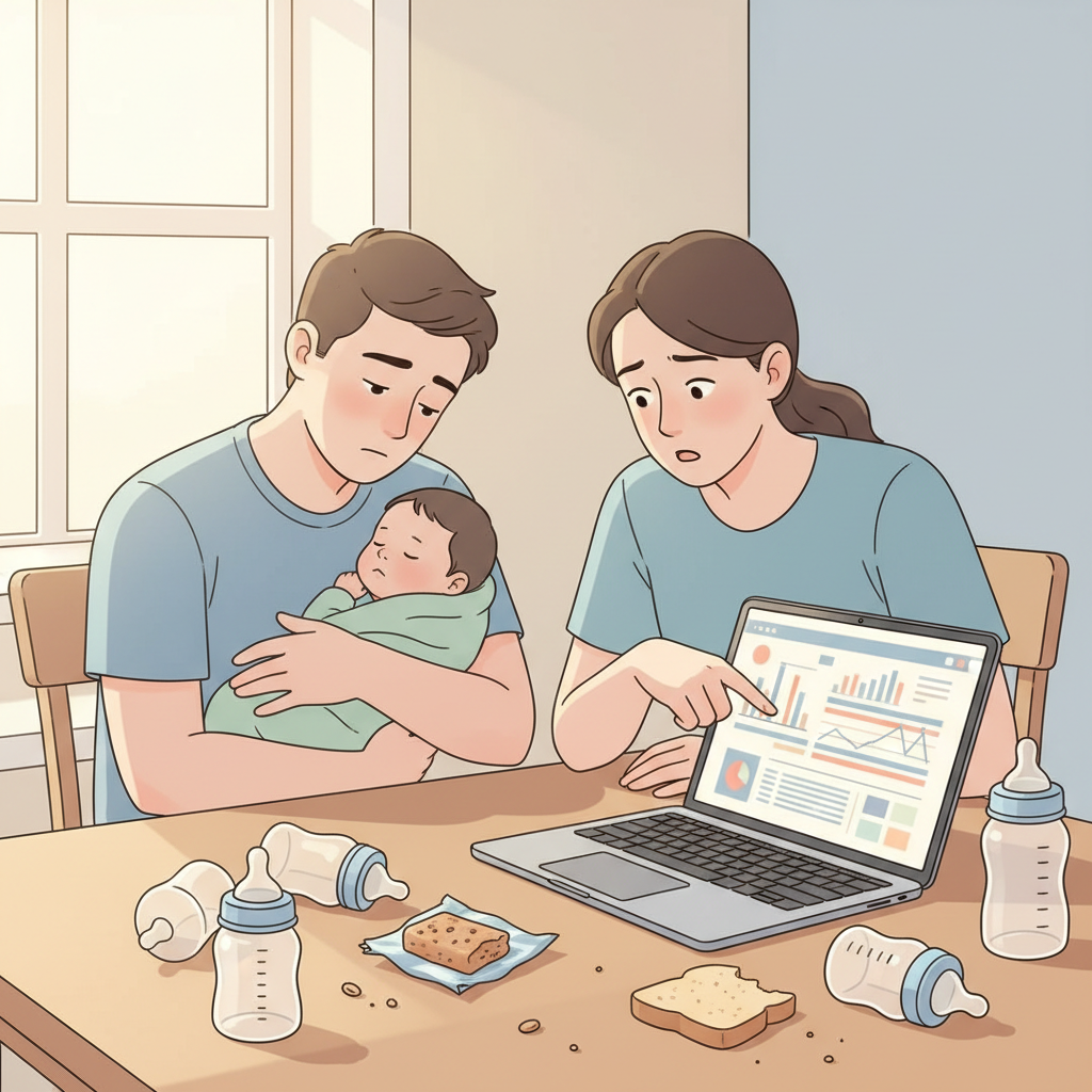 Stressed first-time parents (one holding a baby) calculating finances at a kitchen table, surrounded by baby items and a laptop showing a budget spreadsheet, conveying the financial implications of unpaid FMLA.