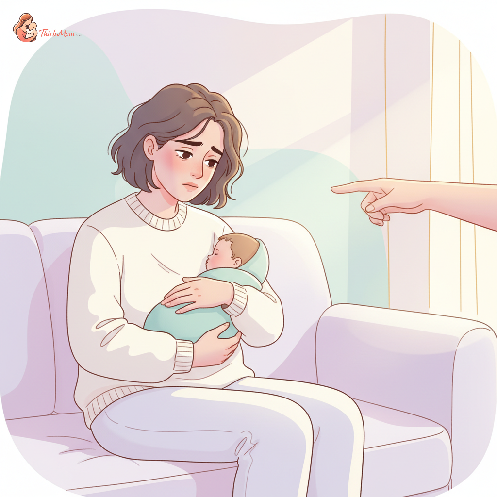 A tired new mother, looking overwhelmed, gently pushing away a hand offering advice, while holding her baby. Soft, muted colors convey a sense of vulnerability and struggle.