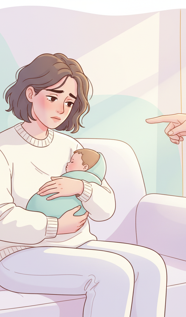 A tired new mother, looking overwhelmed, gently pushing away a hand offering advice, while holding her baby. Soft, muted colors convey a sense of vulnerability and struggle.