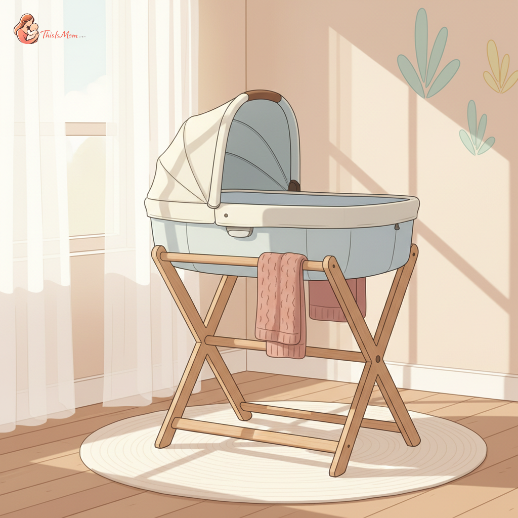 An UPPAbaby Vista V2 bassinet placed safely on a sturdy, universal bassinet stand in a dimly lit, cozy nursery with soft bedding.