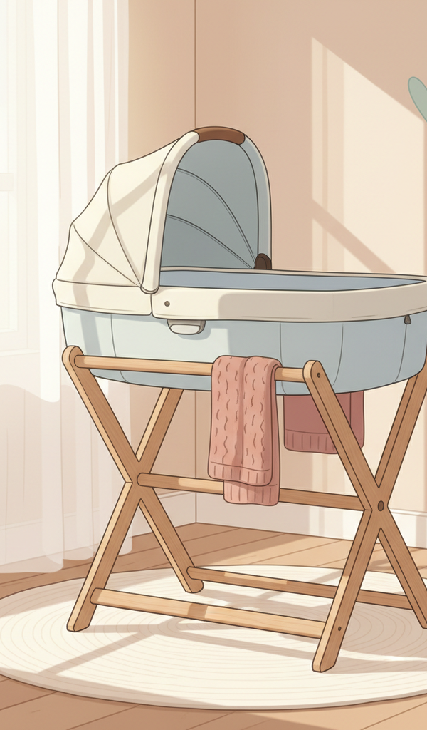 An UPPAbaby Vista V2 bassinet placed safely on a sturdy, universal bassinet stand in a dimly lit, cozy nursery with soft bedding.