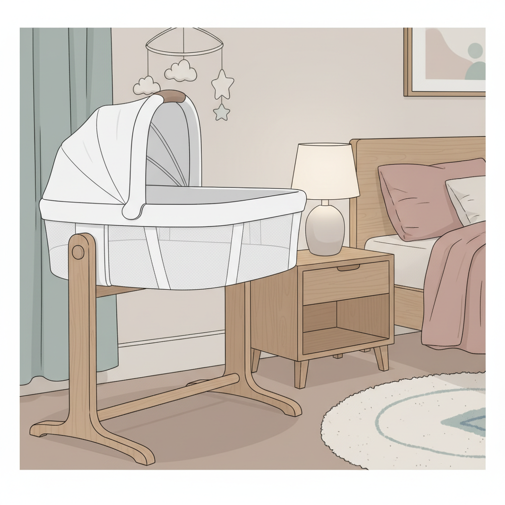 A UPPAbaby Vista V2 bassinet correctly placed on its stand next to a bed in a softly lit, modern nursery.