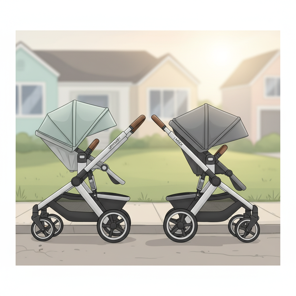 Side-by-side comparison of an UPPAbaby Vista V2 stroller and a Nuna MIXX Next stroller on a suburban sidewalk with cracked pavement and tree roots, illustrating their features.