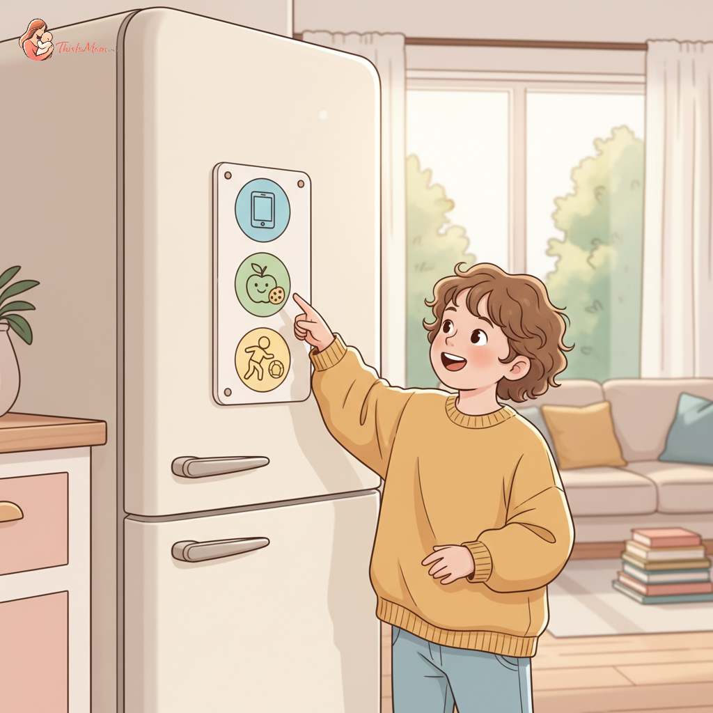 A child pointing to a visual schedule board with pictures representing activities like screen time, snack time, and play time, showing a smooth transition.