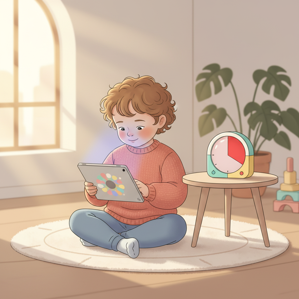 A colorful visual timer with a red disc showing about 5 minutes left, positioned next to a tablet playing a cartoon that a toddler is watching intently. The scene has soft, inviting light.