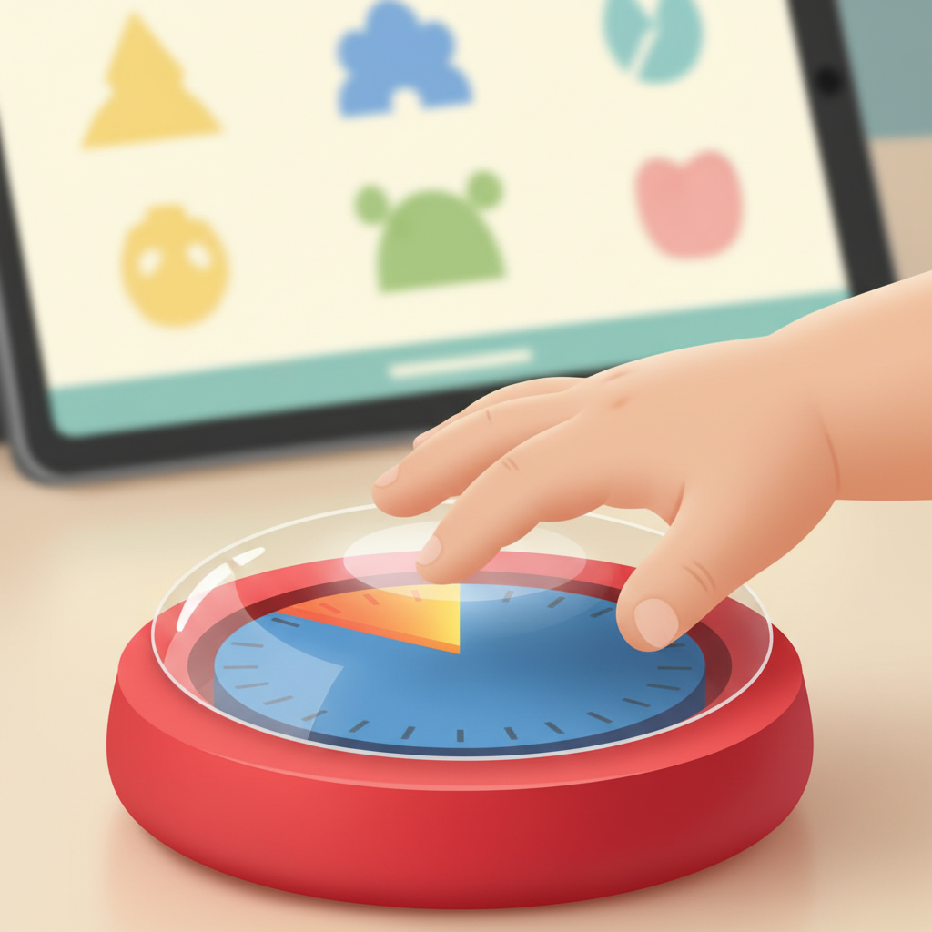 A toddler's hand reaching towards a brightly colored visual timer ticking down next to a tablet playing a cartoon, set in a cozy living room with soft light.