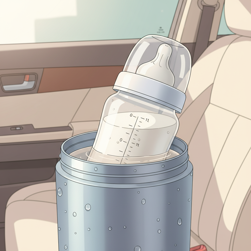 Close-up of a baby bottle being warmed in a thermos of hot water on a car seat tray.