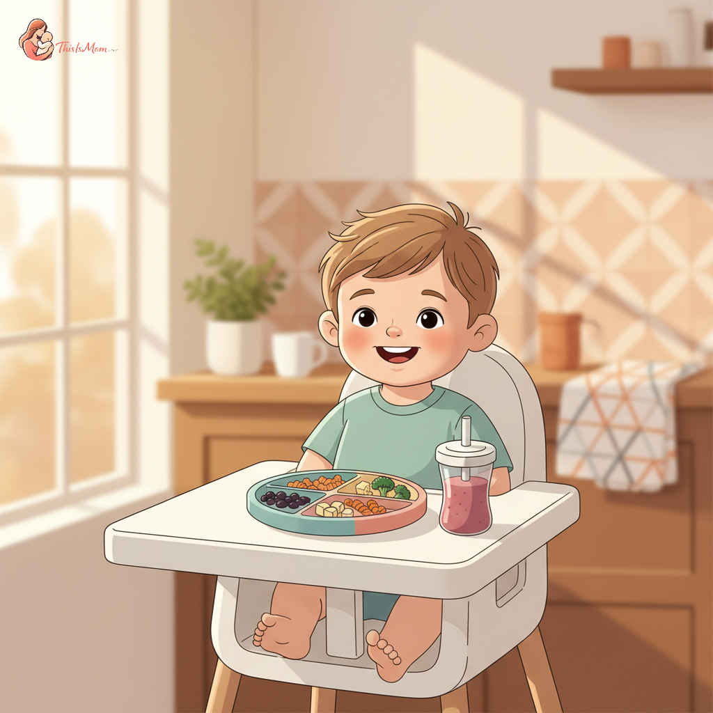 A toddler, smiling and engaged, reaching for a colorful plate of food with small portions of beans, cheese cubes, and fruit slices, showcasing diverse protein sources.