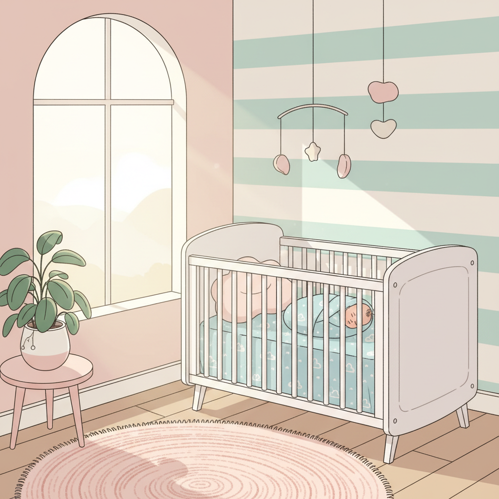 A baby sleeping peacefully in a dimly lit nursery.