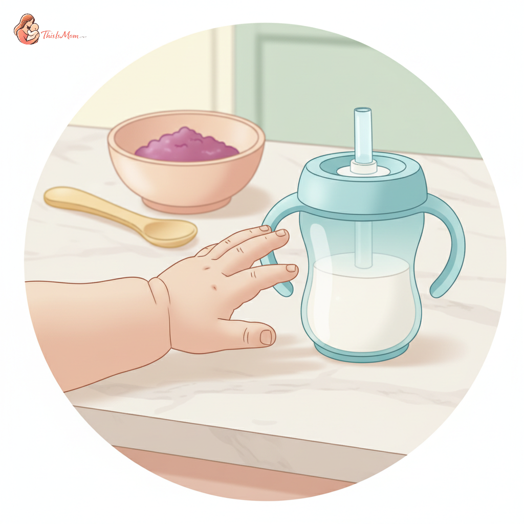 Close-up of a baby's hand reaching for a sippy cup filled with milk, with a blurred colorful baby spoon and bowl of pureed food in the background, set on a clean kitchen counter.