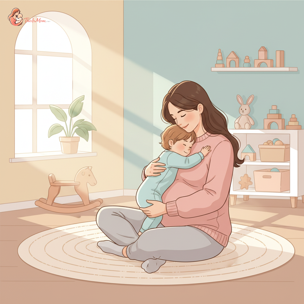 Pregnant mother gently comforting her toddler in a serene, softly lit nursery, emphasizing closeness and connection.