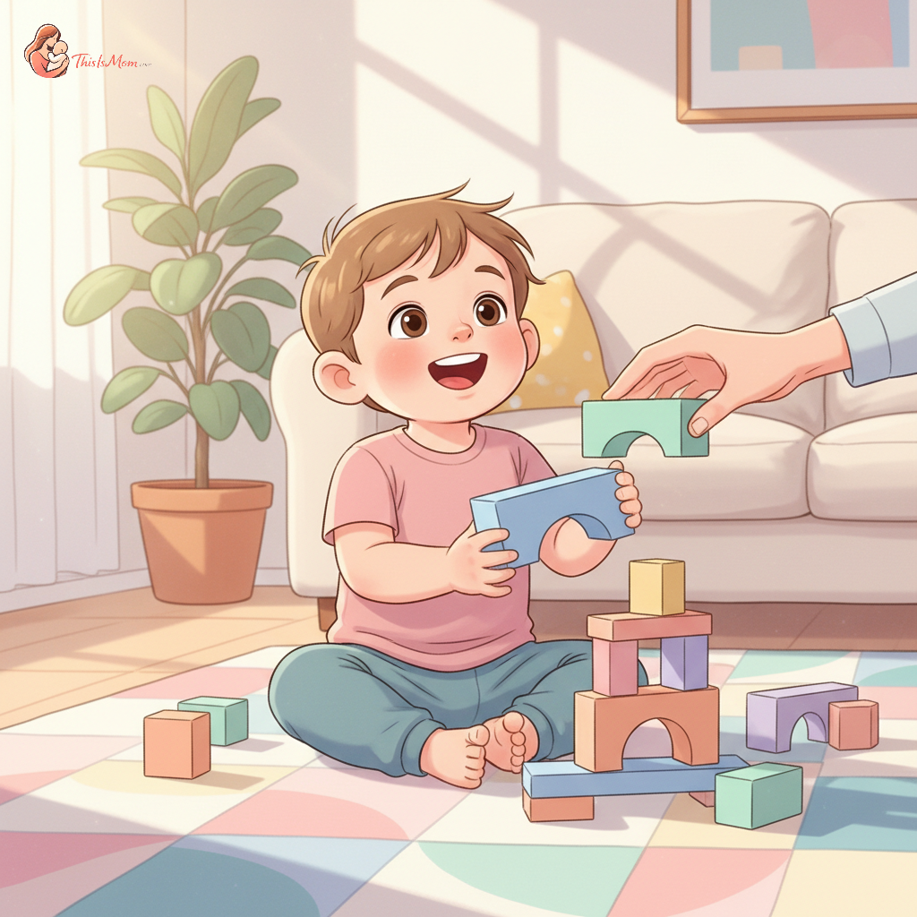 A toddler smiling while playing with colorful blocks, with a parent’s hands gently guiding, suggesting engagement and learning.