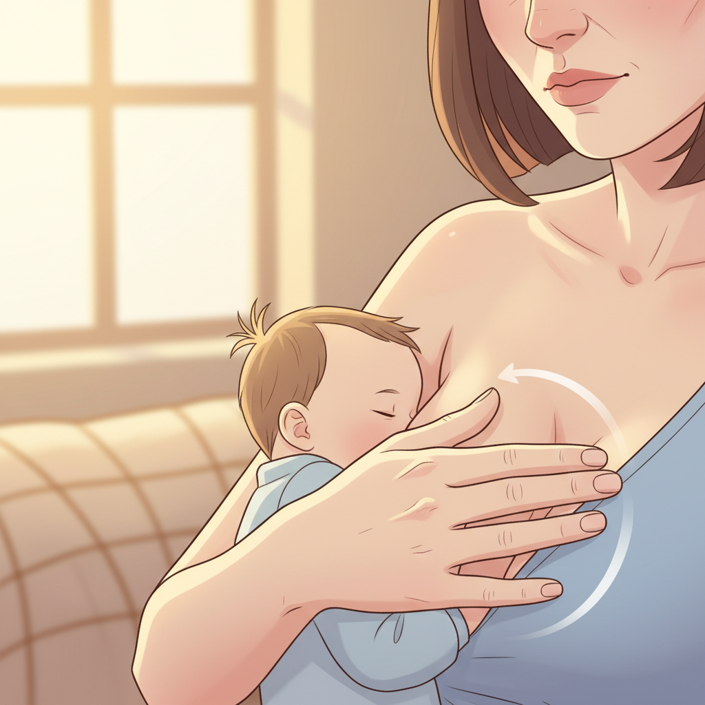Close-up of a mother gently touching her breast with a concerned expression, while her baby is nursing. Focus on the mother's hand near her breast, implying tenderness or a lump.