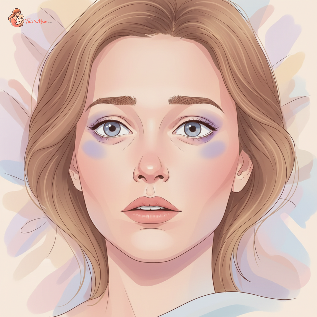 A tired new mother lying in bed, staring at the ceiling with an anxious expression while her baby sleeps peacefully in a bassinet nearby. The room is dimly lit, emphasizing a feeling of worry and sleeplessness.
