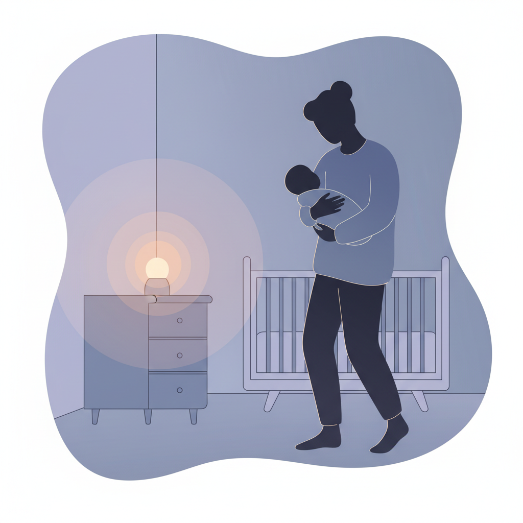 A parent gently rocking a baby to sleep in a dimly lit nursery
