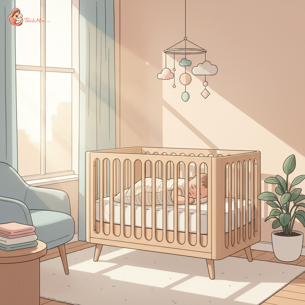 A baby sleeping peacefully in a crib, with a soft, warm glow from a nearby nightlight or window. A parent's hand gently rests on the crib rail.