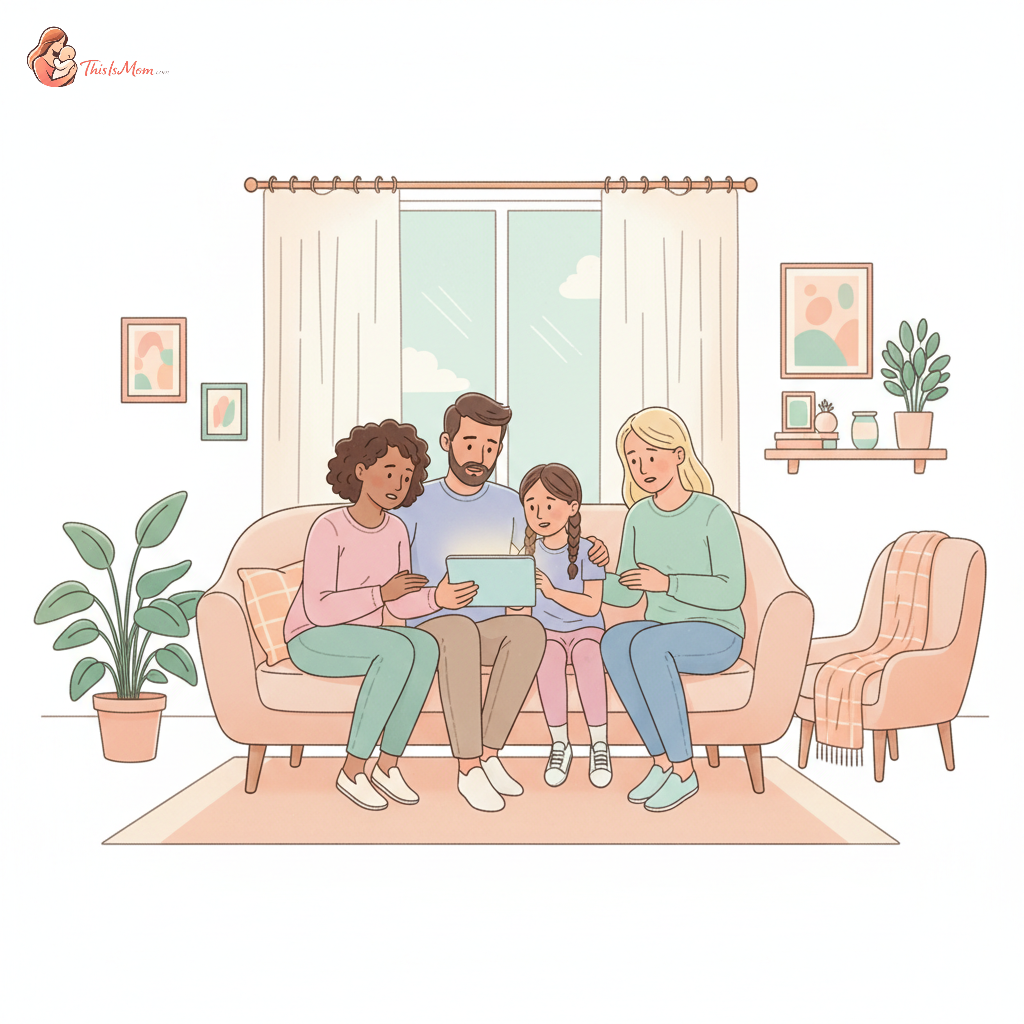 A diverse family - a mother, father, and two children - sitting together on a couch, looking at a tablet with a concerned but supportive expression. The children appear engaged but also a bit serious, reflecting the topic of online safety. Soft, warm lighting.