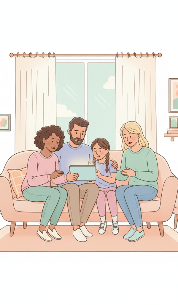 A diverse family - a mother, father, and two children - sitting together on a couch, looking at a tablet with a concerned but supportive expression. The children appear engaged but also a bit serious, reflecting the topic of online safety. Soft, warm lighting.
