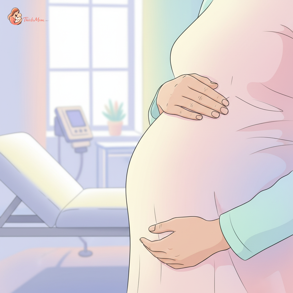 A pregnant woman's hands gently cupped over her belly, with a doctor's hand lightly resting on top, suggesting a supportive and informative first OB appointment.