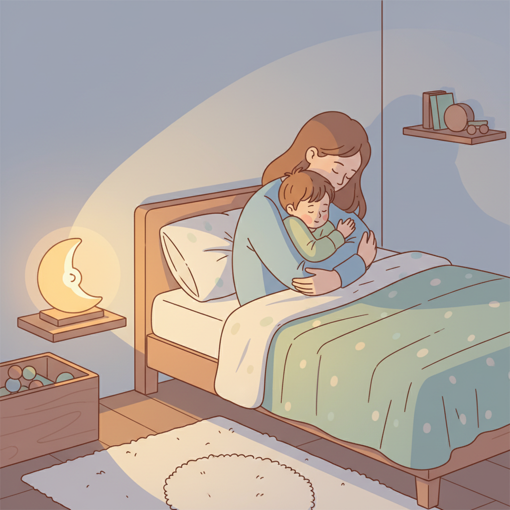 A comforting scene with a parent gently hugging their child in a dimly lit bedroom, perhaps with a soft, warm night light glowing.