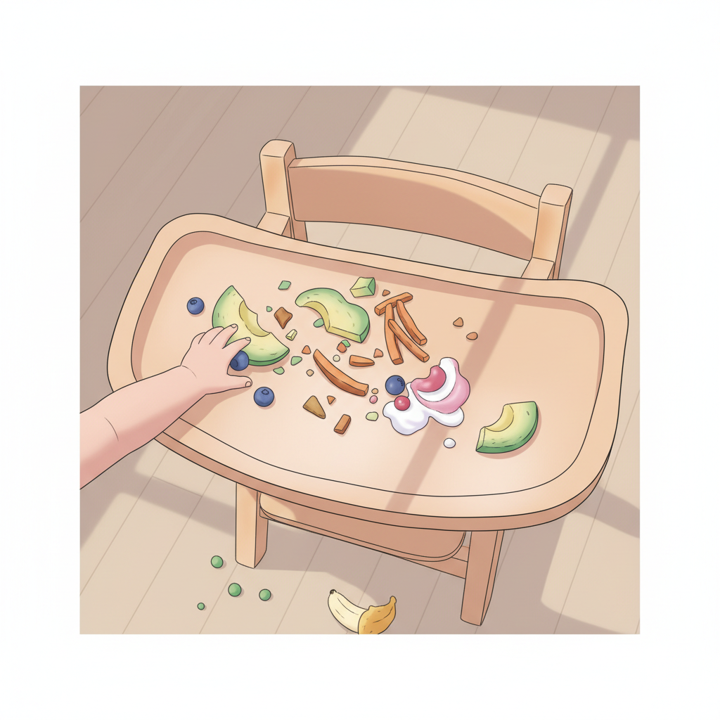 Toddler dropping peas on floor from high chair