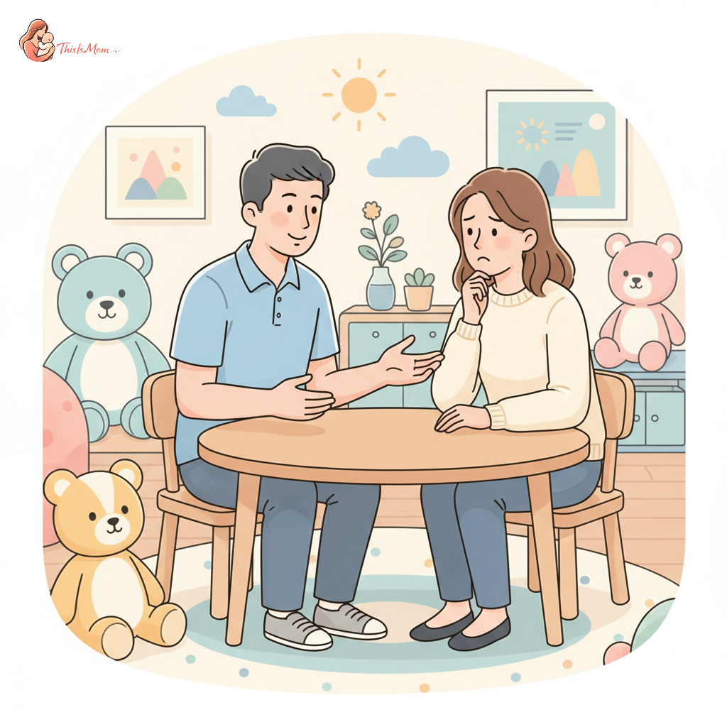 A concerned parent in conversation with a daycare teacher, both looking at a drawing or report about a child's behavior, in a brightly lit daycare classroom. The scene should convey collaboration and understanding.