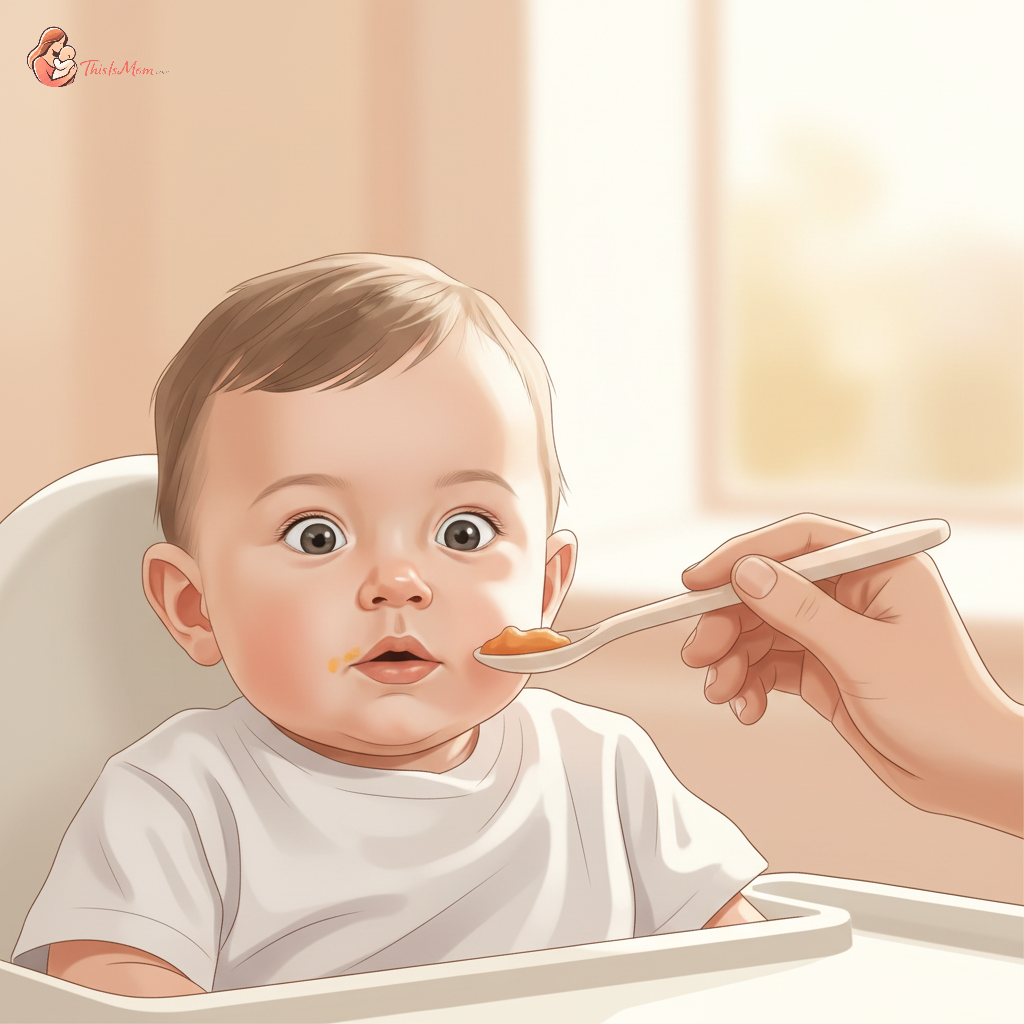 A baby in a high chair, looking surprised with a small amount of pureed food on their chin, while a parent calmly holds a spoon, in a bright, clean kitchen setting.