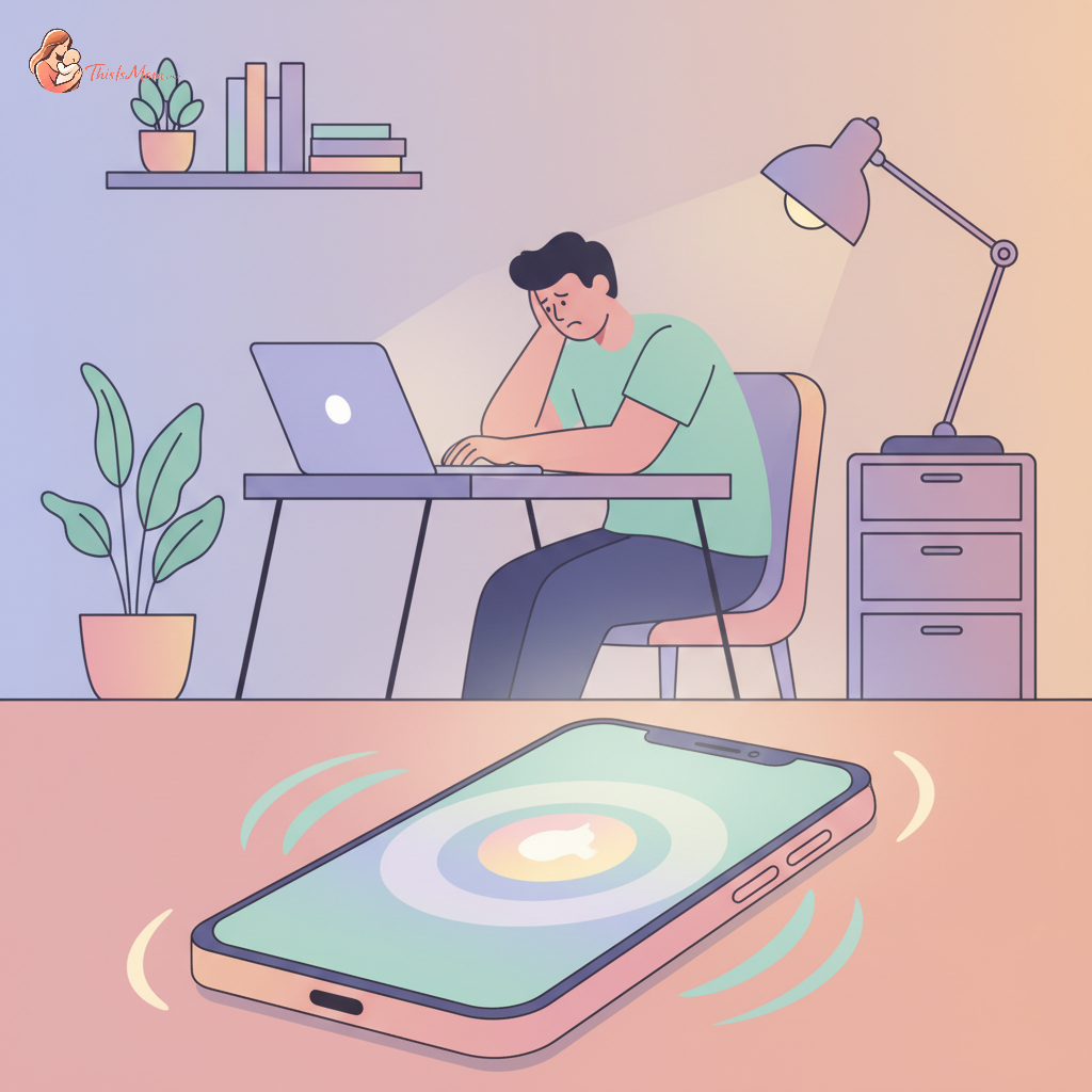 Stressed parent looking at a buzzing phone notification with a daycare icon, while trying to focus on a laptop during work hours