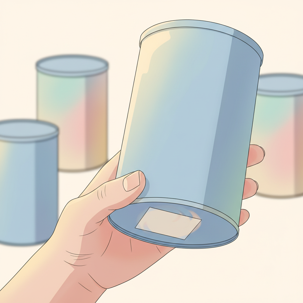 Stressed parent looking at baby formula containers, with one container highlighted with a 'recalled' icon, in a kitchen setting